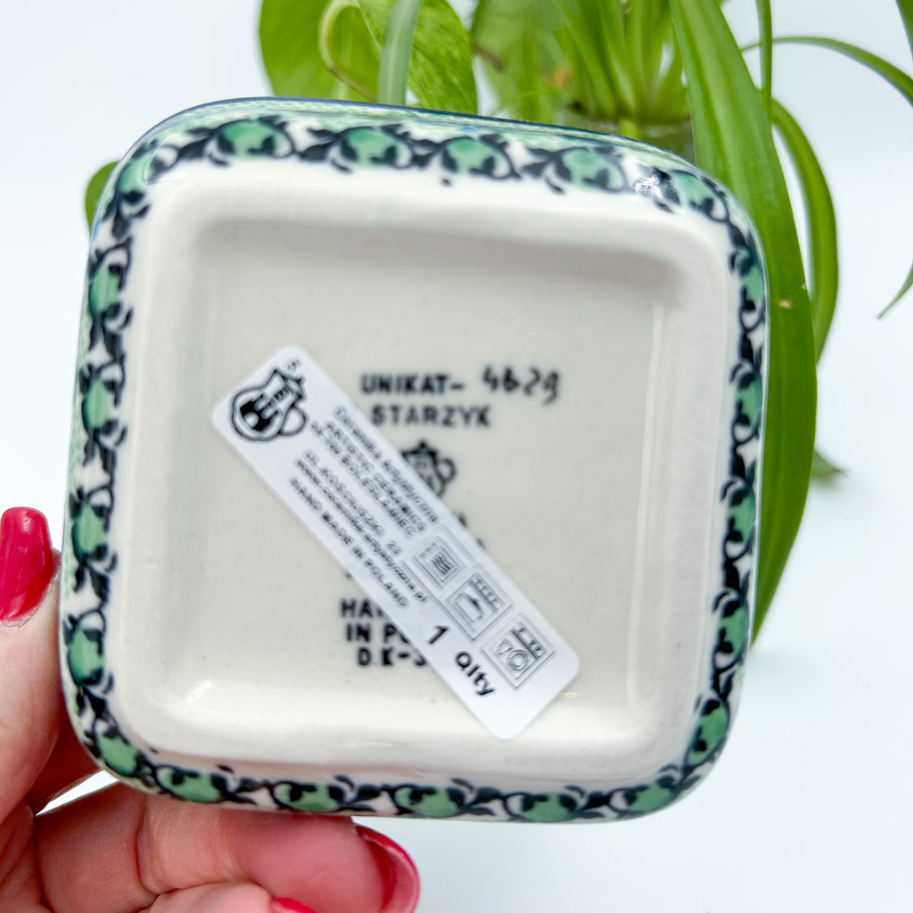 Polish pottery 4” square floral bowl in the UNIKAT Moody Blues Design. Ceramika Artystyczna Company