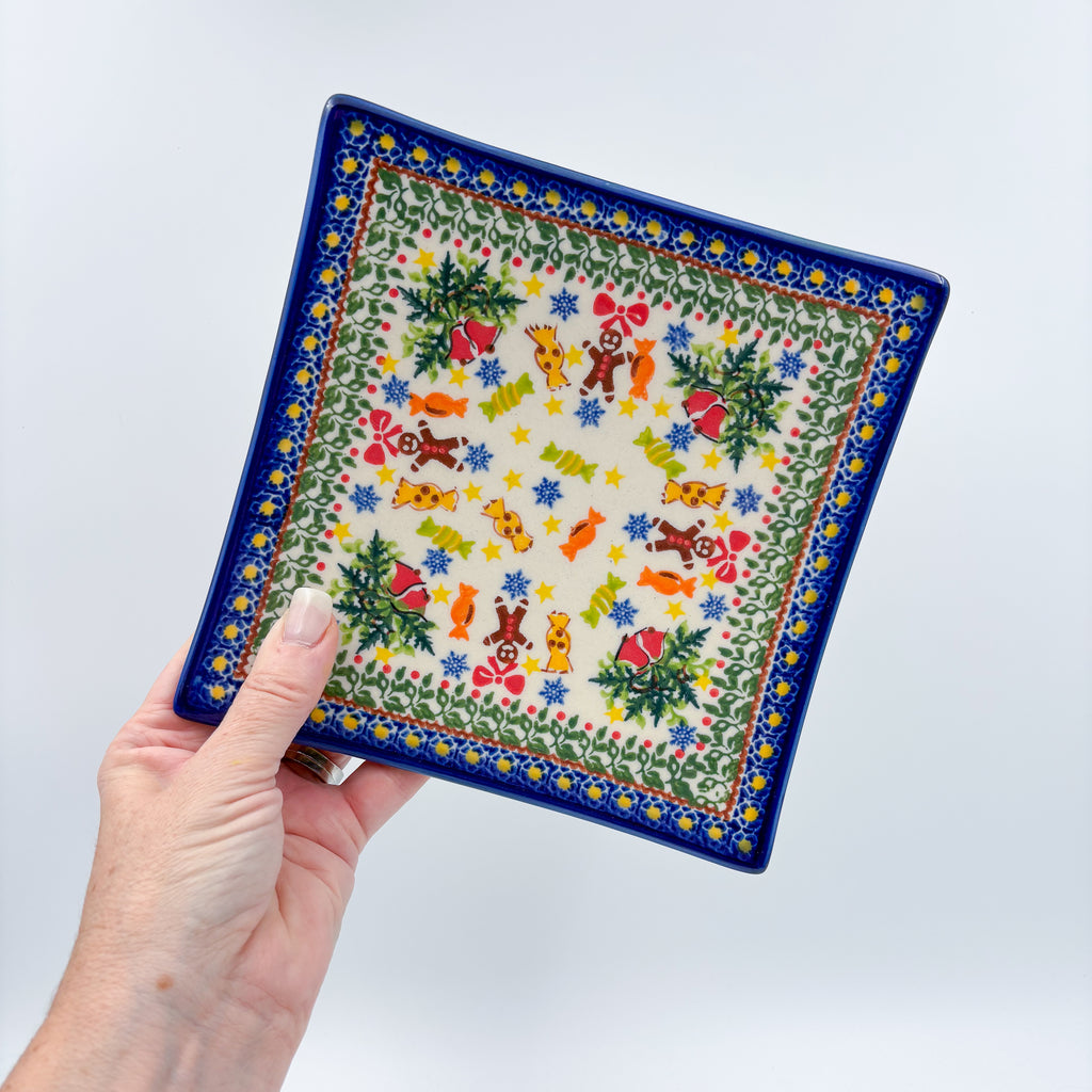 7" Square Toffi Cookie Plate.  Hand crafted Polish pottery stoneware: UNIKAT Candyland Design