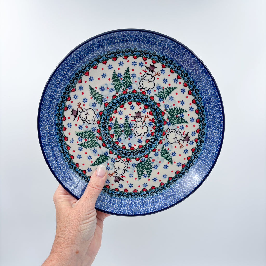 9” Plate.  Hand crafted Polish pottery stoneware: UNIKAT Dancing Snowman