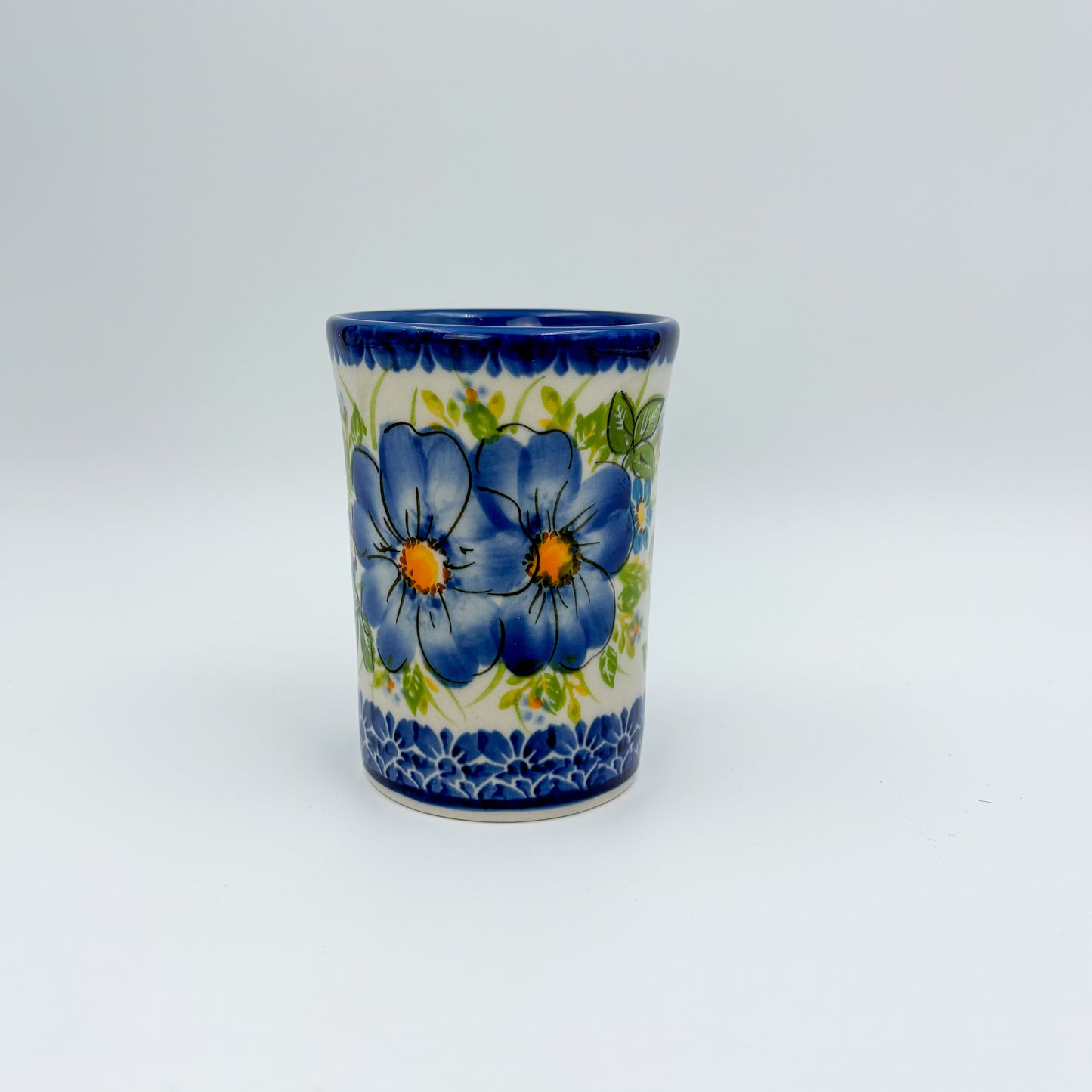 Mug Tumbler 7oz. Handcrafted Polish pottery stoneware:  UNIKAT Blue Daisy