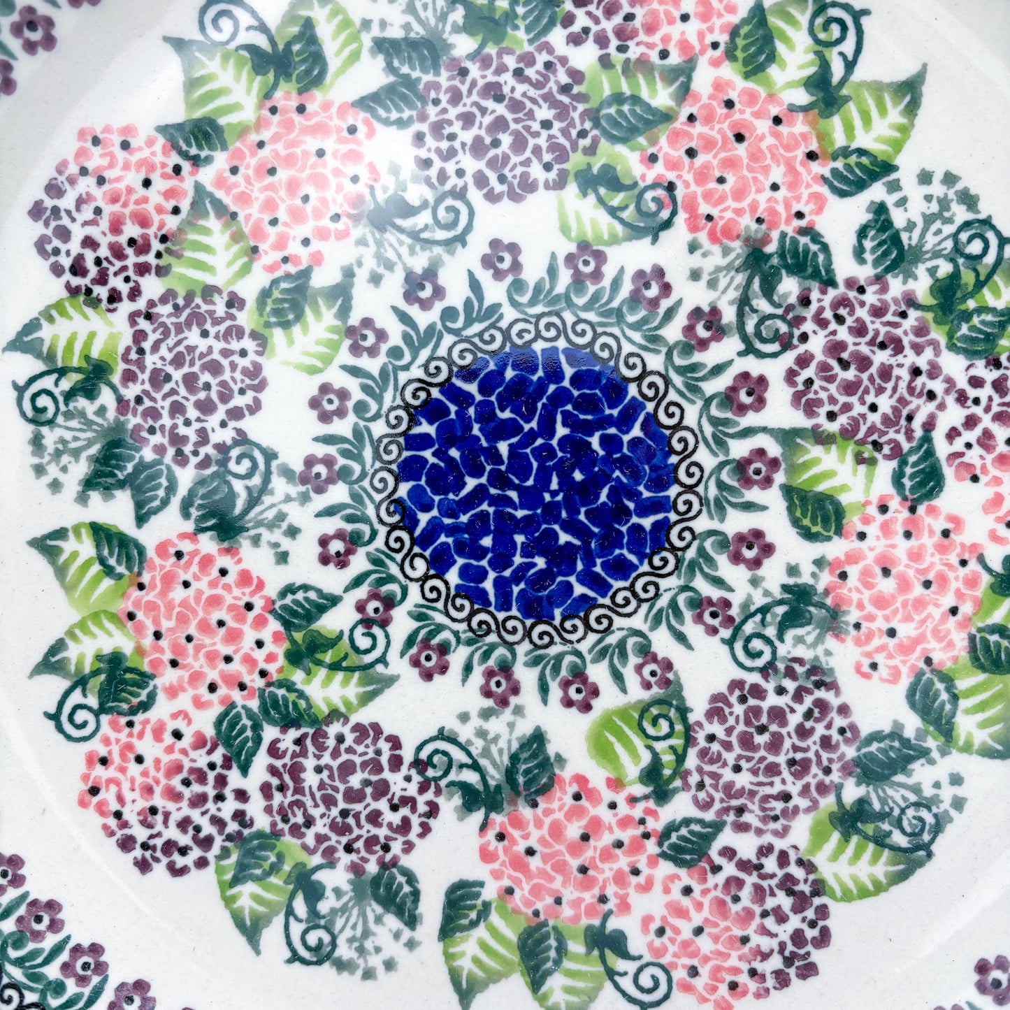 10.35” Plate.  Hand crafted Polish pottery stoneware: UNIKAT Happy Hydrangea