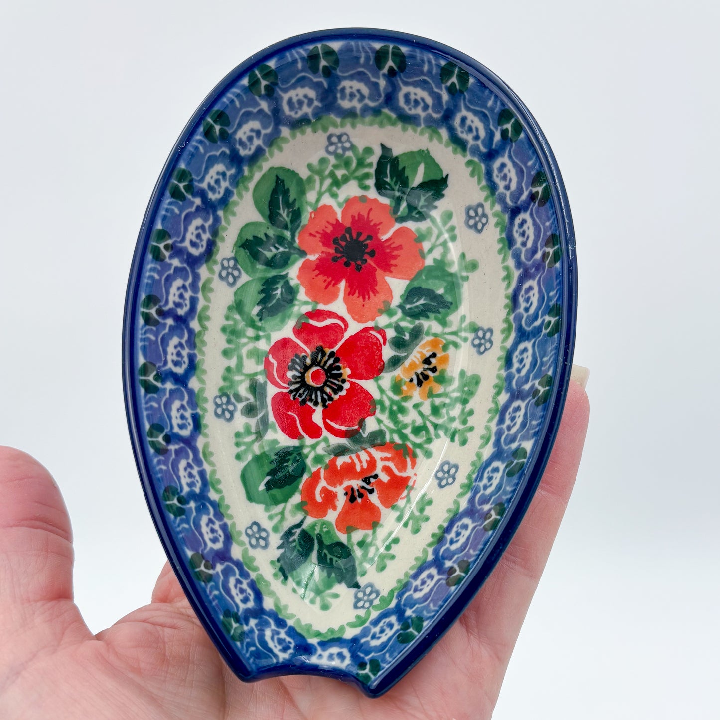 Spoon Rest 5””.  Handmade Polish pottery.  UNIKAT Candy Red Poppy Design