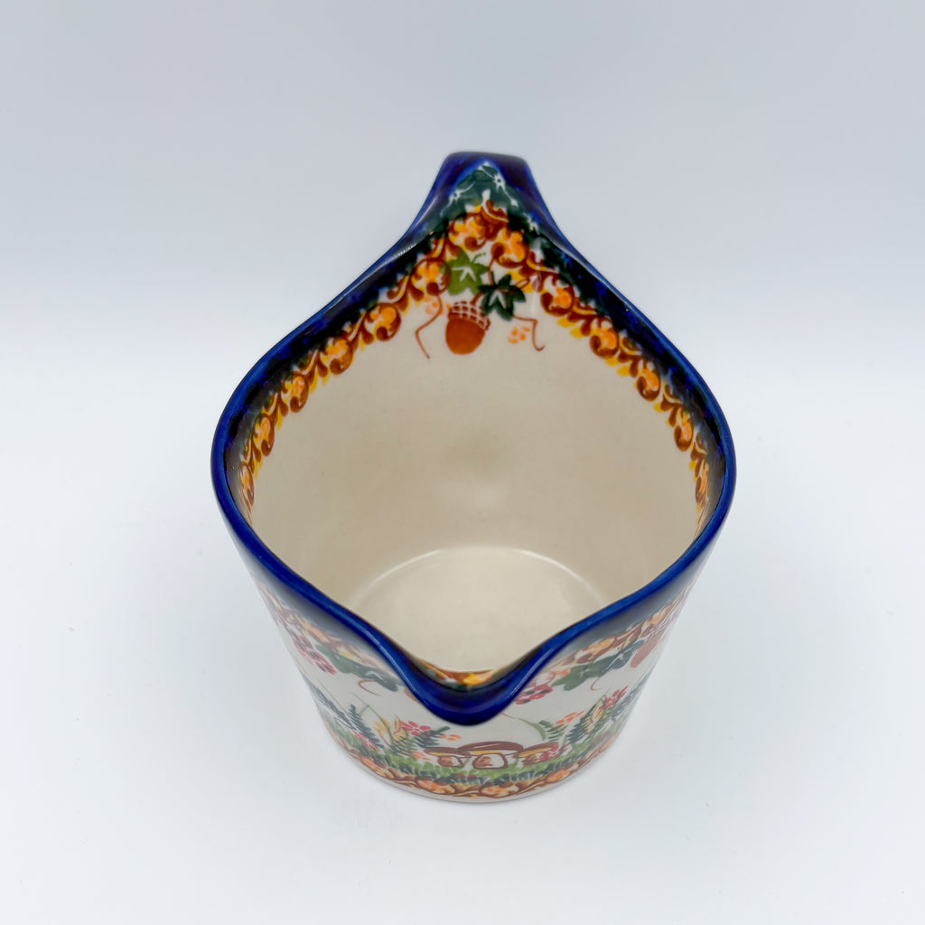 12 oz Loop Handle Gravy Boat.  Hand painted Polish pottery stoneware.  UNIKAT Hedgehog and Mushroom