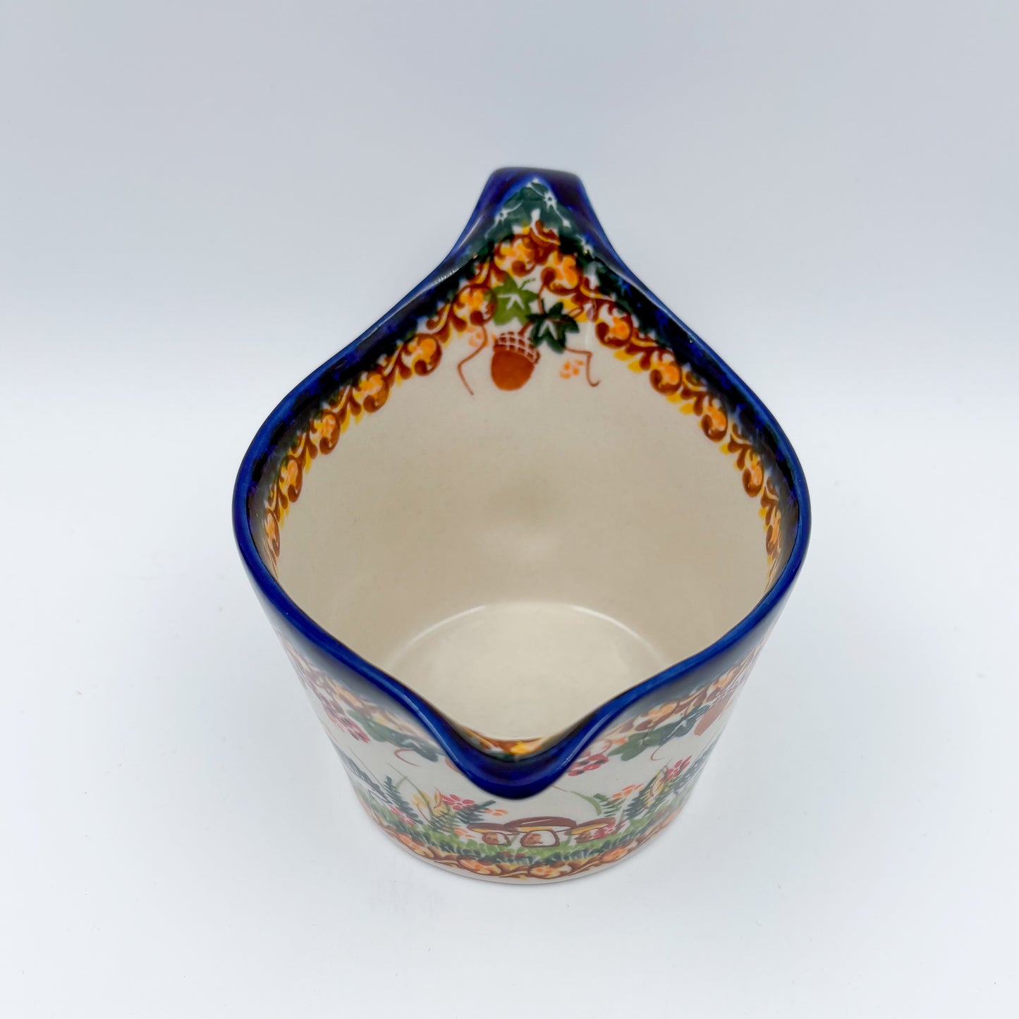 12 oz Loop Handle Gravy Boat.  Hand painted Polish pottery stoneware.  UNIKAT Hedgehog and Mushroom