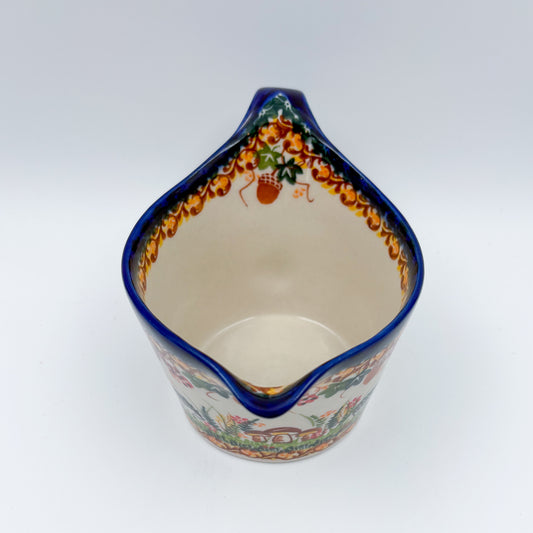 12 oz Loop Handle Gravy Boat.  Hand painted Polish pottery stoneware.  UNIKAT Hedgehog and Mushroom