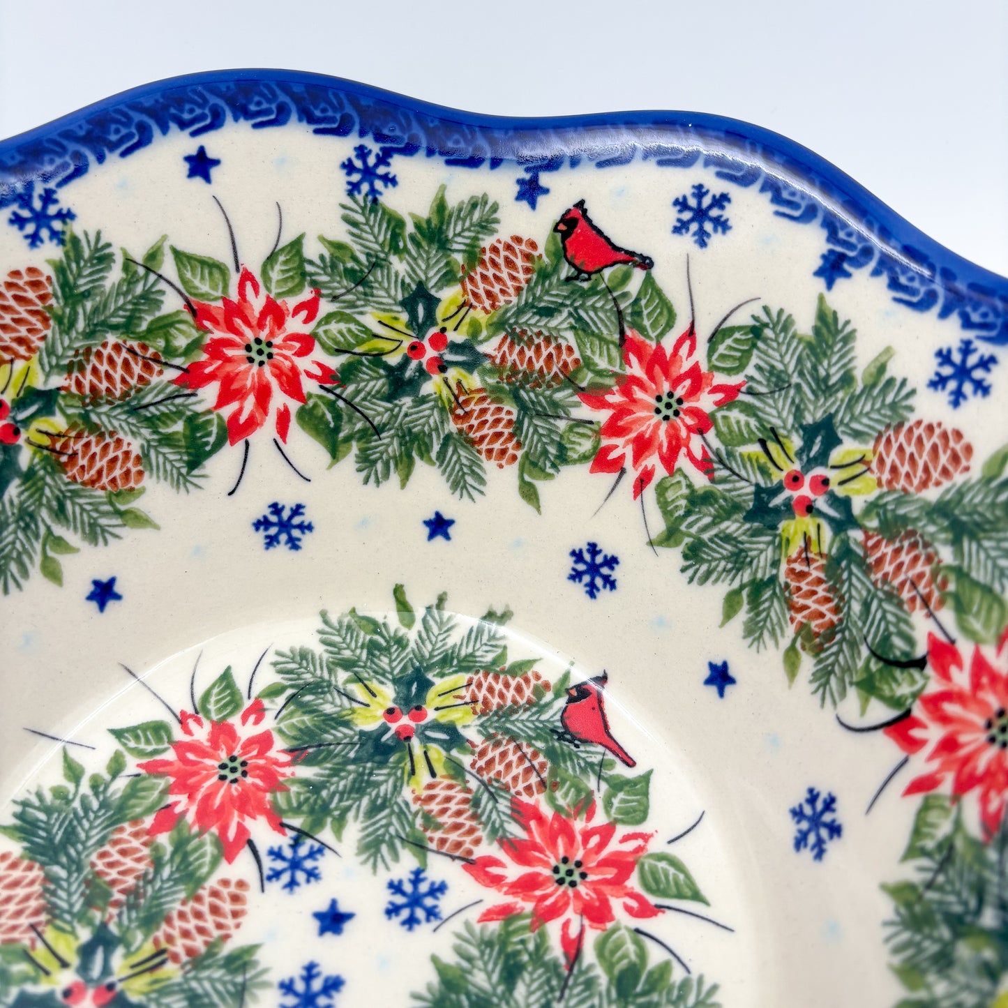 9” Wavy Bowl.  Hand crafted Polish pottery stoneware:  Christmas Cardinals