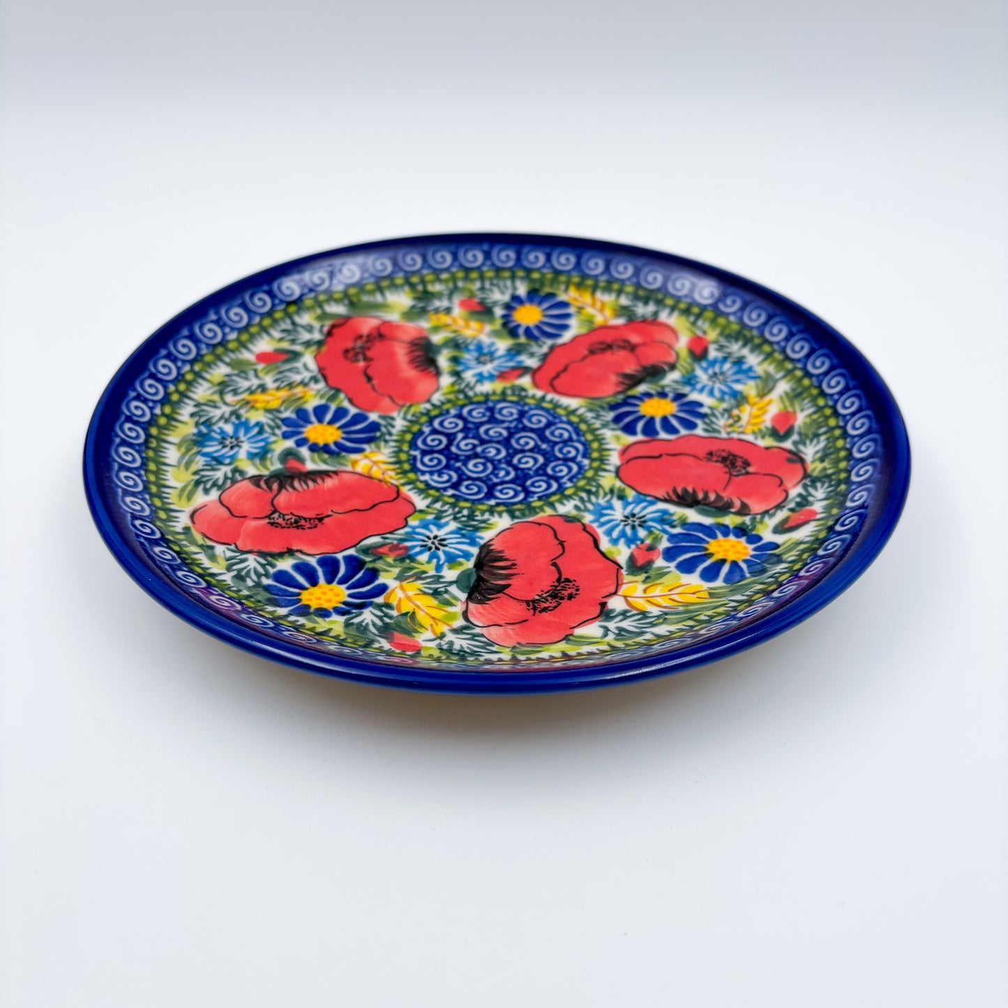 7.5” Plate.  Hand crafted Polish pottery stoneware: UNIKAT Garden Poppy
