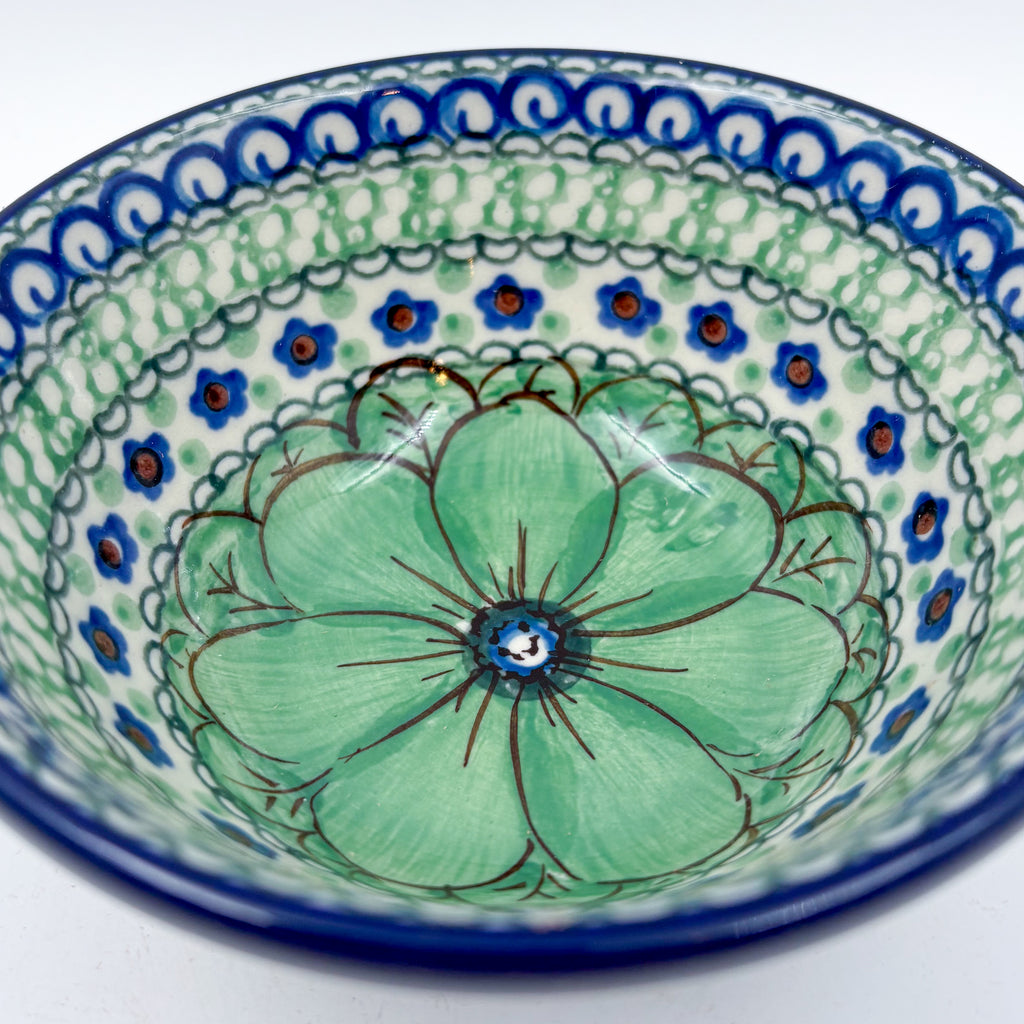 5” Bowl.  Hand crafted Polish pottery stoneware: UNIKAT Green Pansies Design