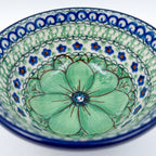 5” Bowl.  Hand crafted Polish pottery stoneware: UNIKAT Green Pansies Design
