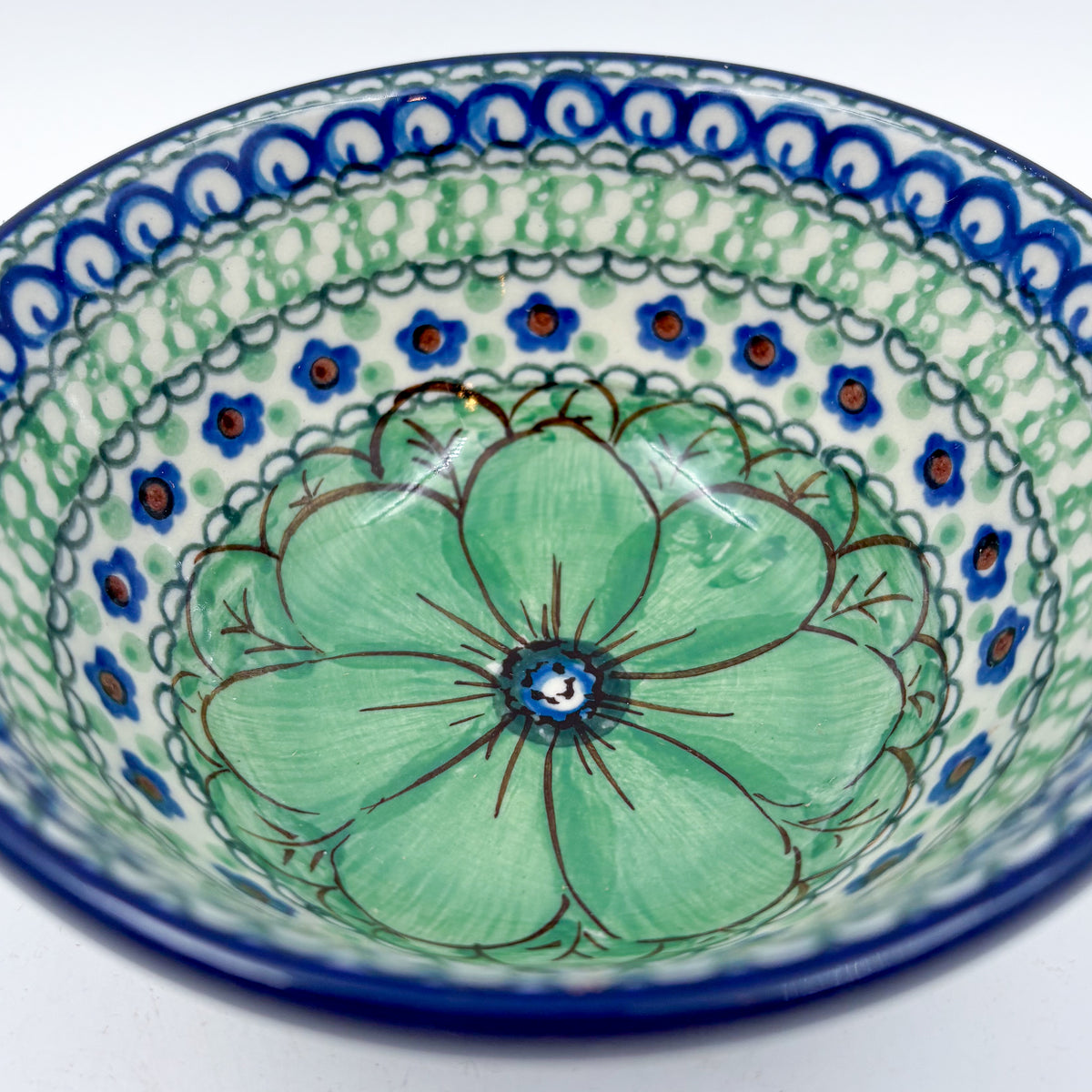 5” Bowl.  Hand crafted Polish pottery stoneware: UNIKAT Green Pansies Design