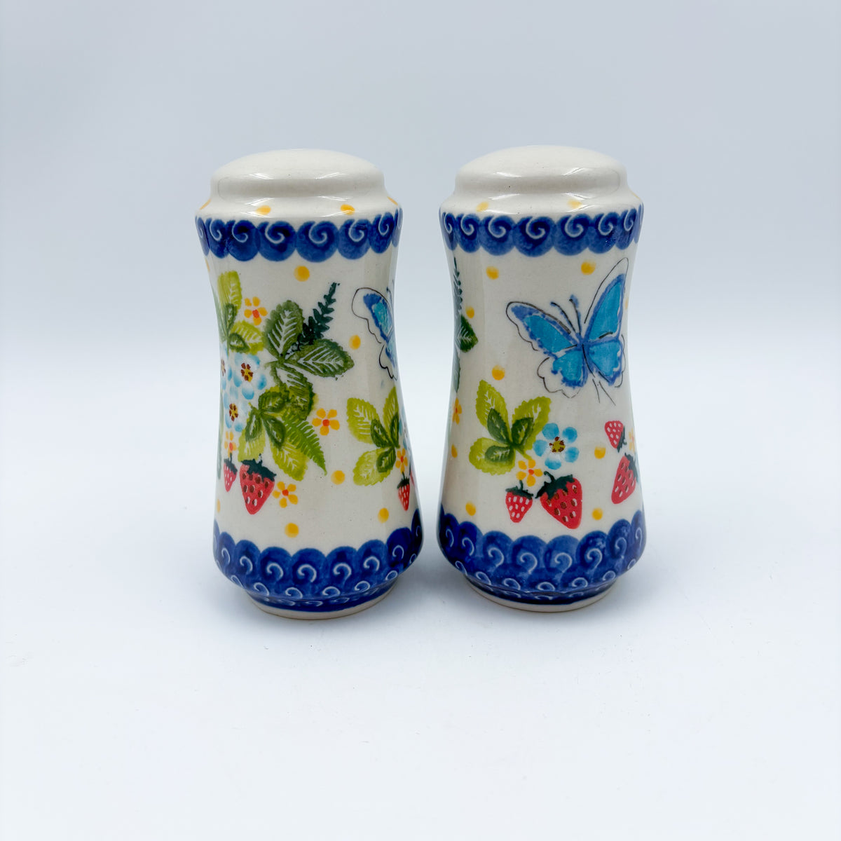 5” Salt and Pepper Shakers.  Handmade Polish pottery.  UNIKAT Strawberry Fields