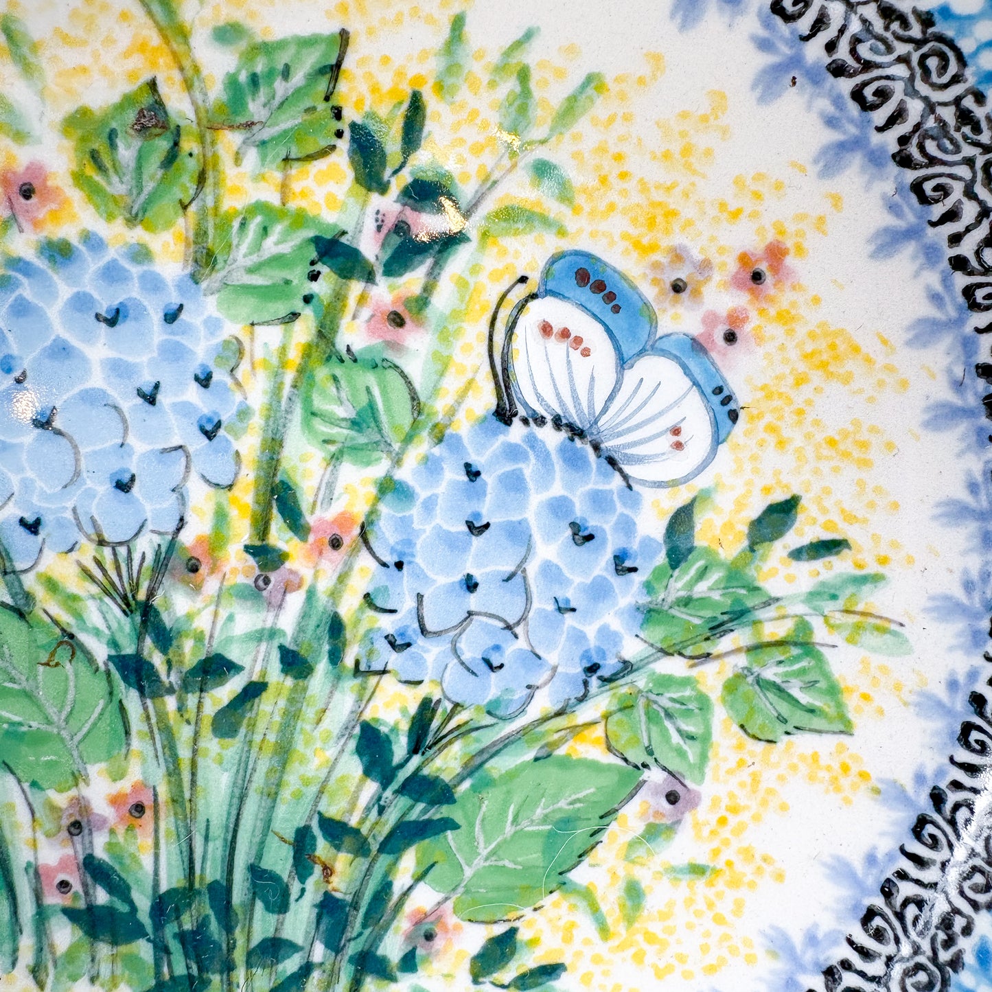 9” Serving Bowl.  Hand crafted Polish pottery stoneware: UNIKAT Blue Hydrangea Design