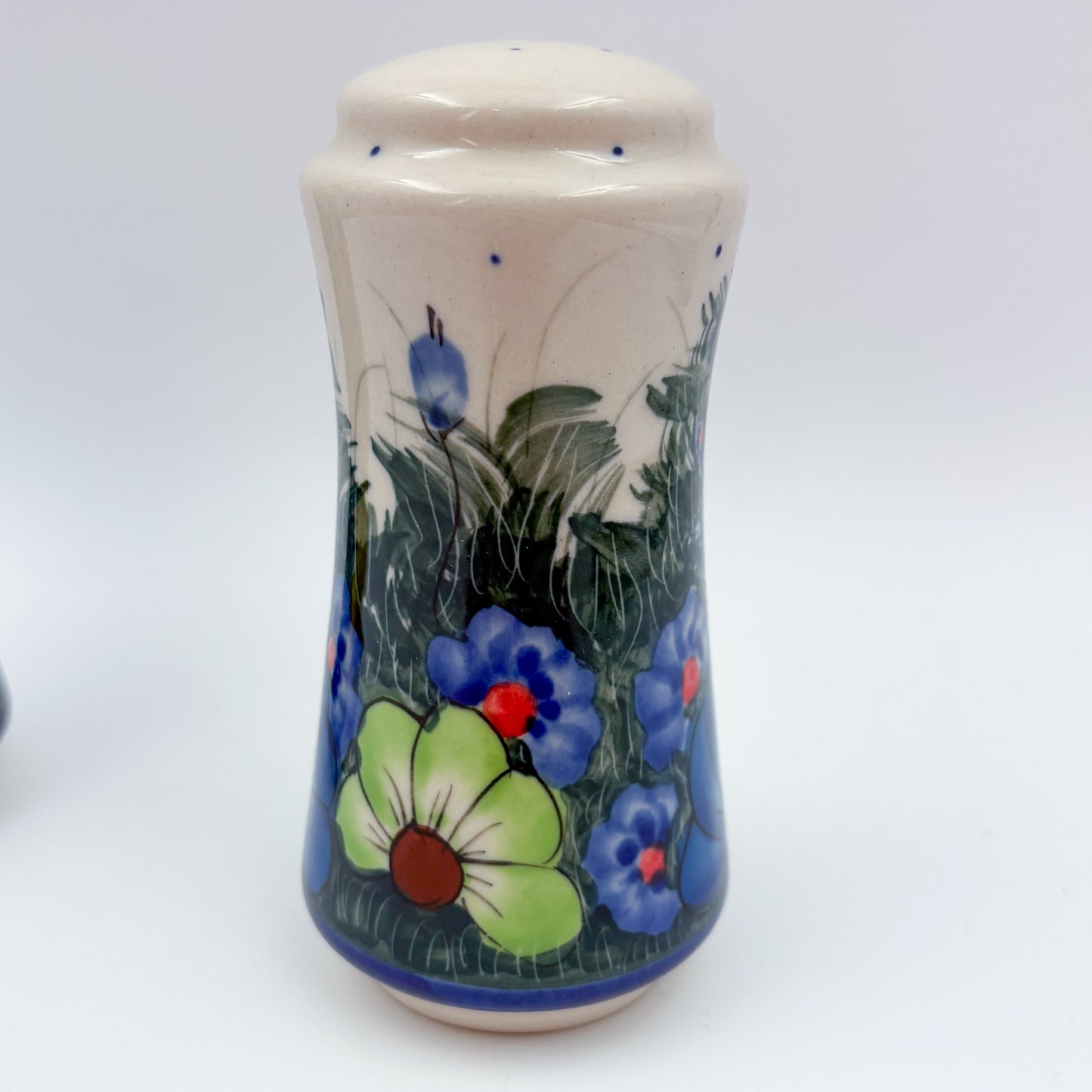 5” Salt and Pepper Shakers.  Handmade Polish pottery.  UNIKAT Forget Me Not Pansy