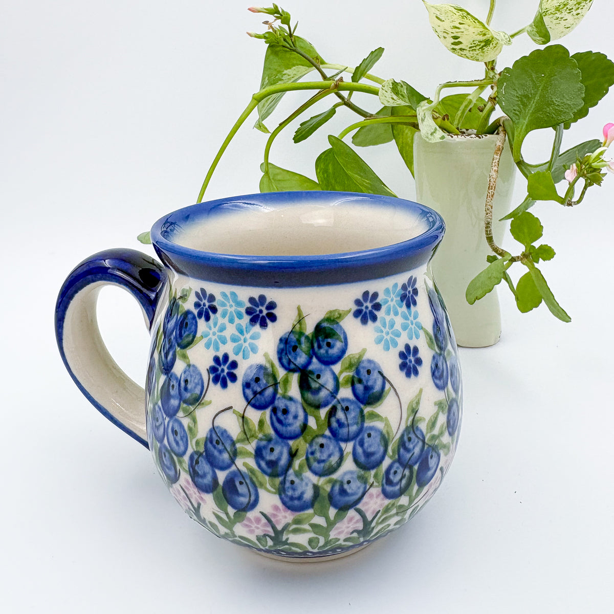 Blueberry bubble mug on white background, angled top view