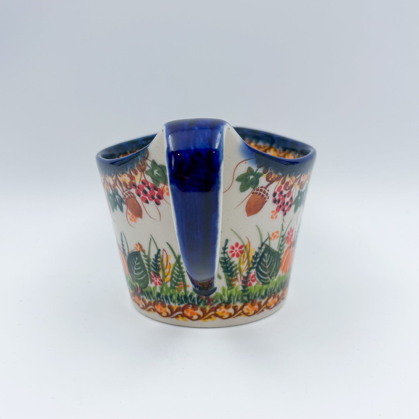 12 oz Loop Handle Gravy Boat.  Hand painted Polish pottery stoneware.  UNIKAT Hedgehog and Mushroom