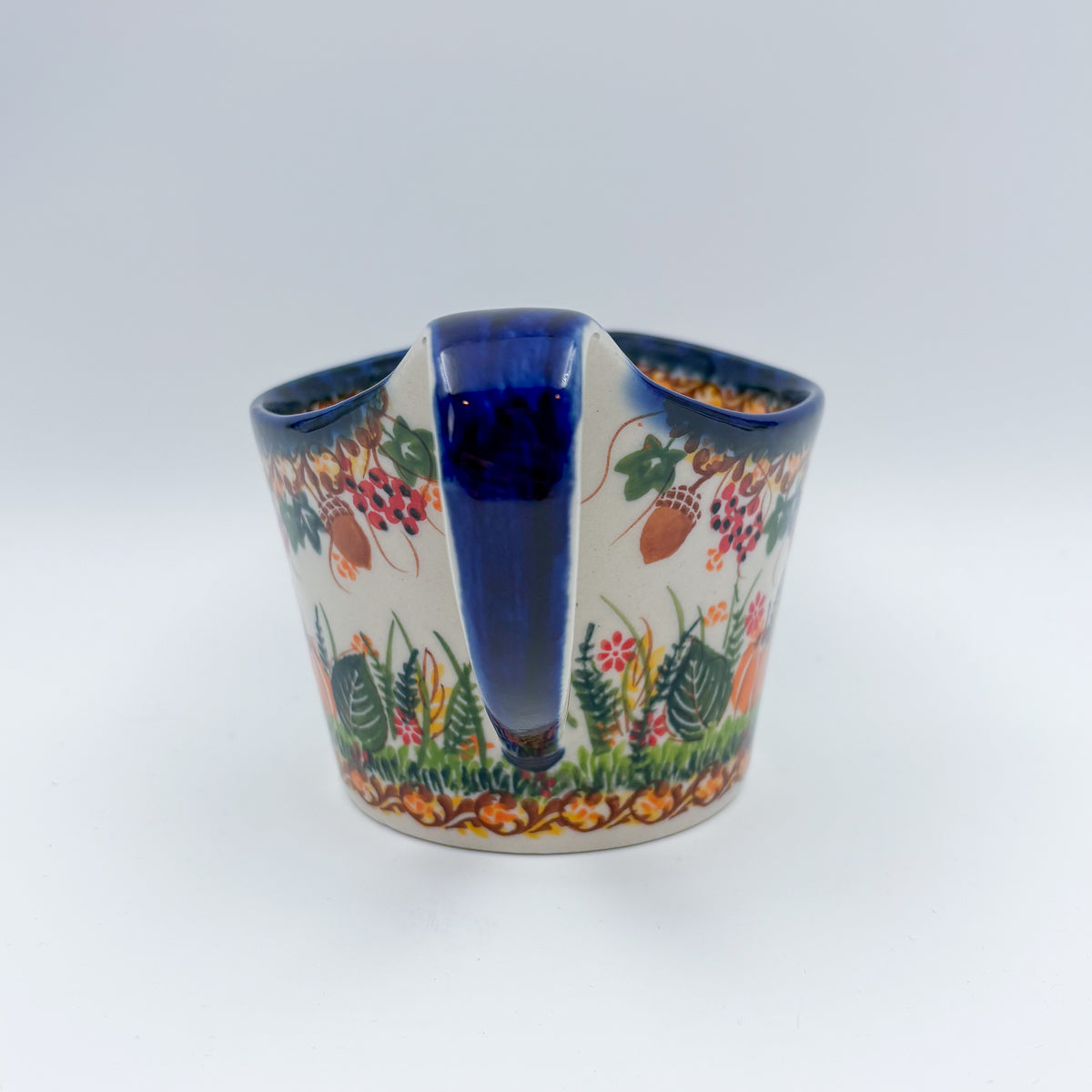 12 oz Loop Handle Gravy Boat.  Hand painted Polish pottery stoneware.  UNIKAT Hedgehog and Mushroom