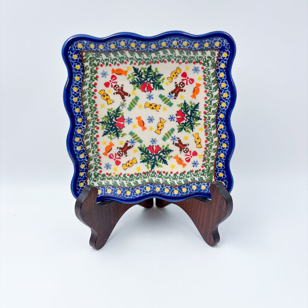 7" Square Scalloped Edge Cookie Plate.  Hand crafted Polish pottery stoneware: UNIKAT Candy Heaven Design