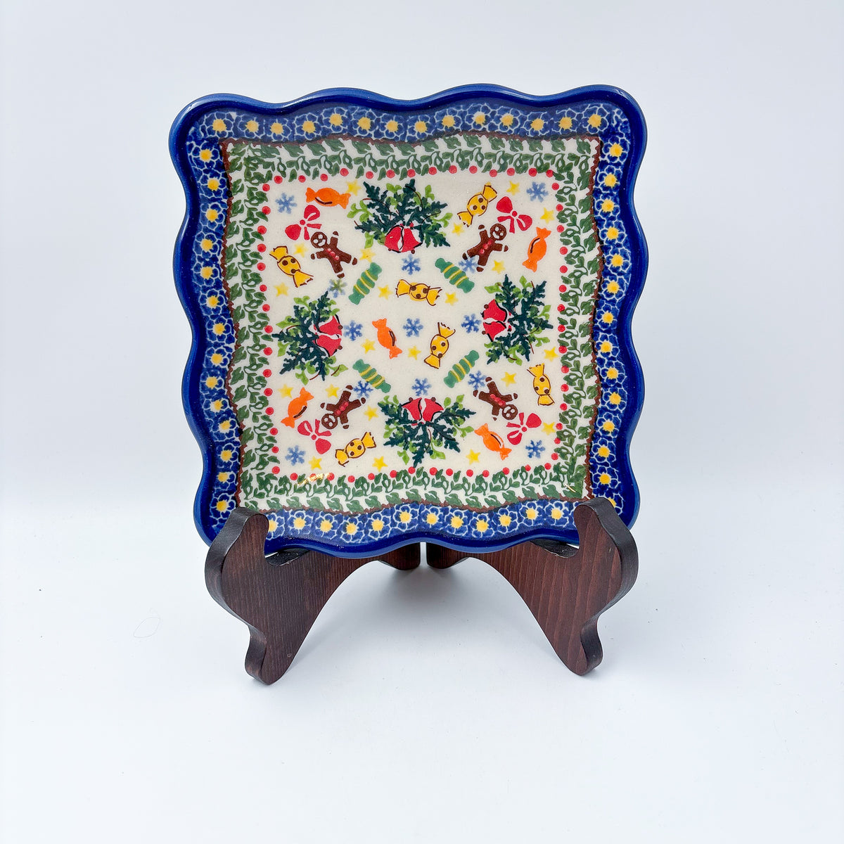 7" Square Scalloped Edge Cookie Plate.  Hand crafted Polish pottery stoneware: UNIKAT Candy Heaven Design