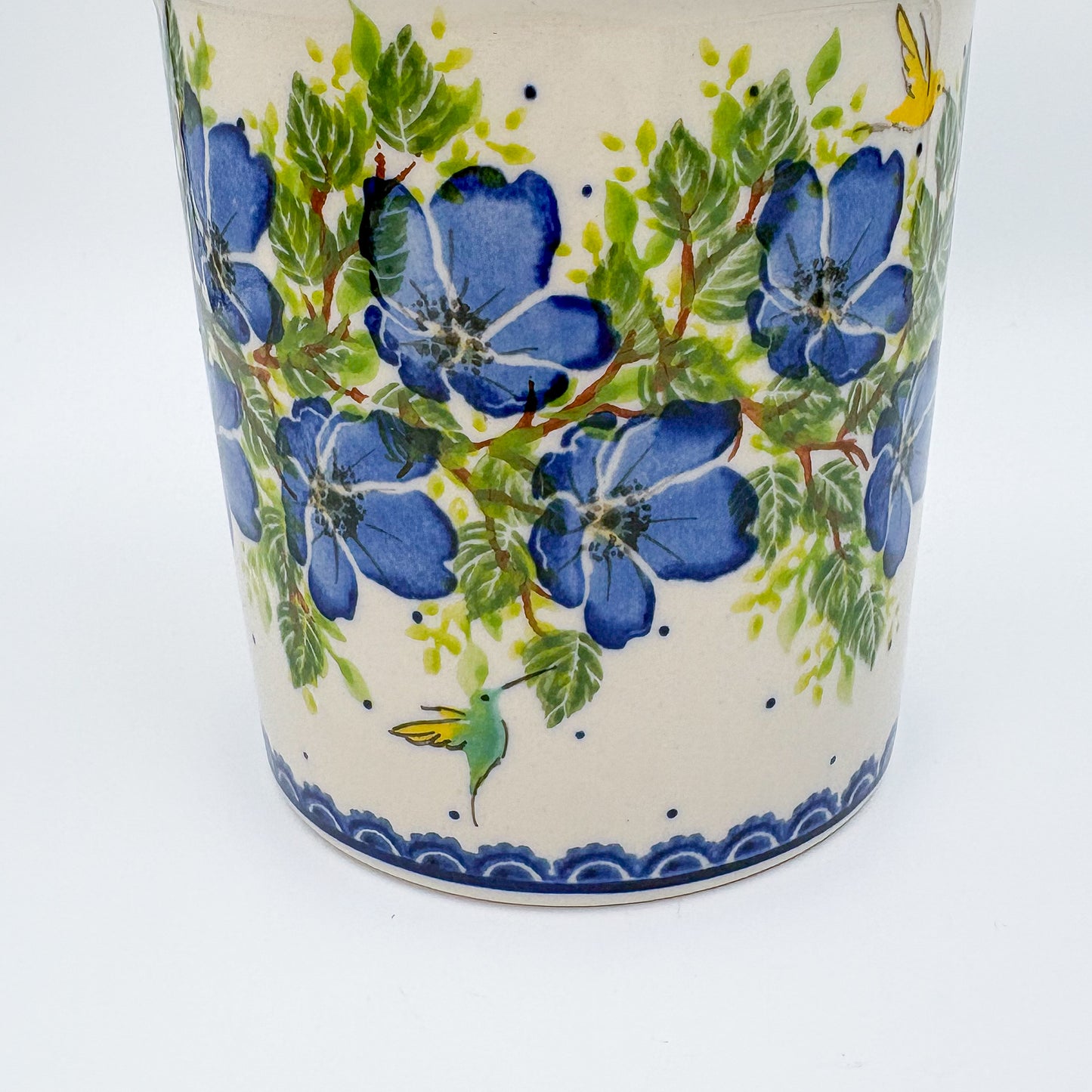 Utensil Jar 5.5”.  Handmade Polish pottery.  UNIKAT Blue Poppy Songbird