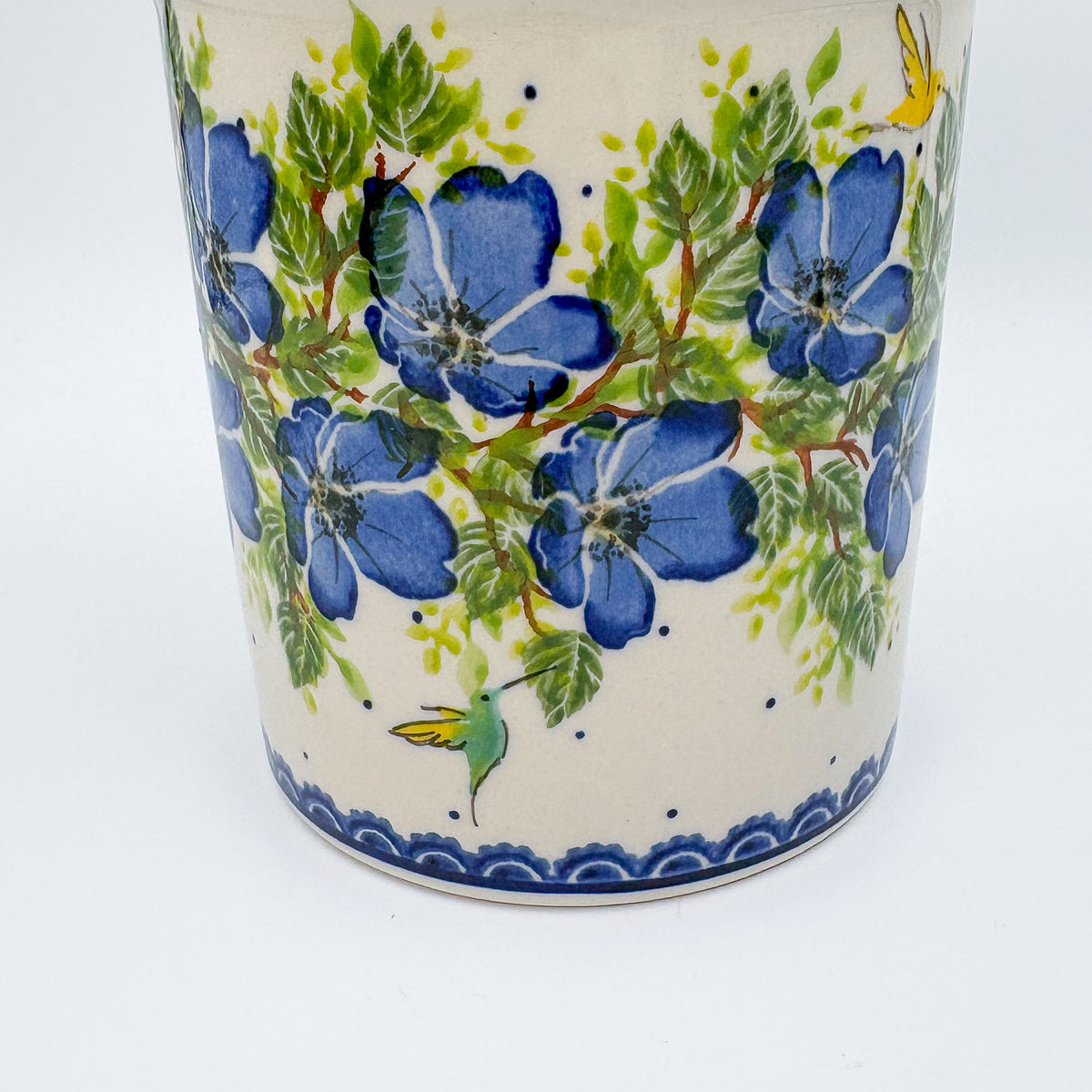 Utensil Jar 5.5”.  Handmade Polish pottery.  UNIKAT Blue Poppy Songbird