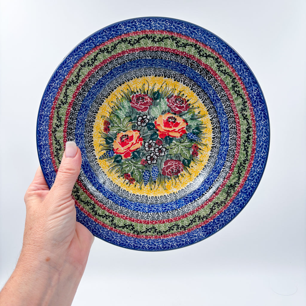 9”  Pasta Bowl.  Hand crafted Polish pottery stoneware: UNIKAT Copper Rose Meadow Design