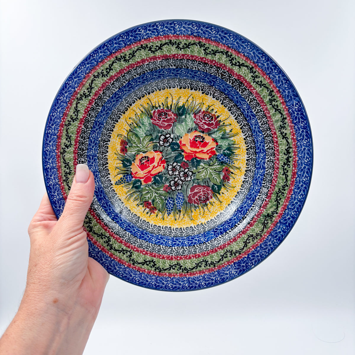 9”  Pasta Bowl.  Hand crafted Polish pottery stoneware: UNIKAT Copper Rose Meadow Design