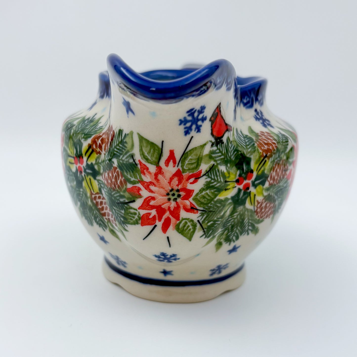 18 oz Loop Handle Gravy Dish.  Hand painted Polish pottery stoneware.  UNIKAT Cardinal Winter