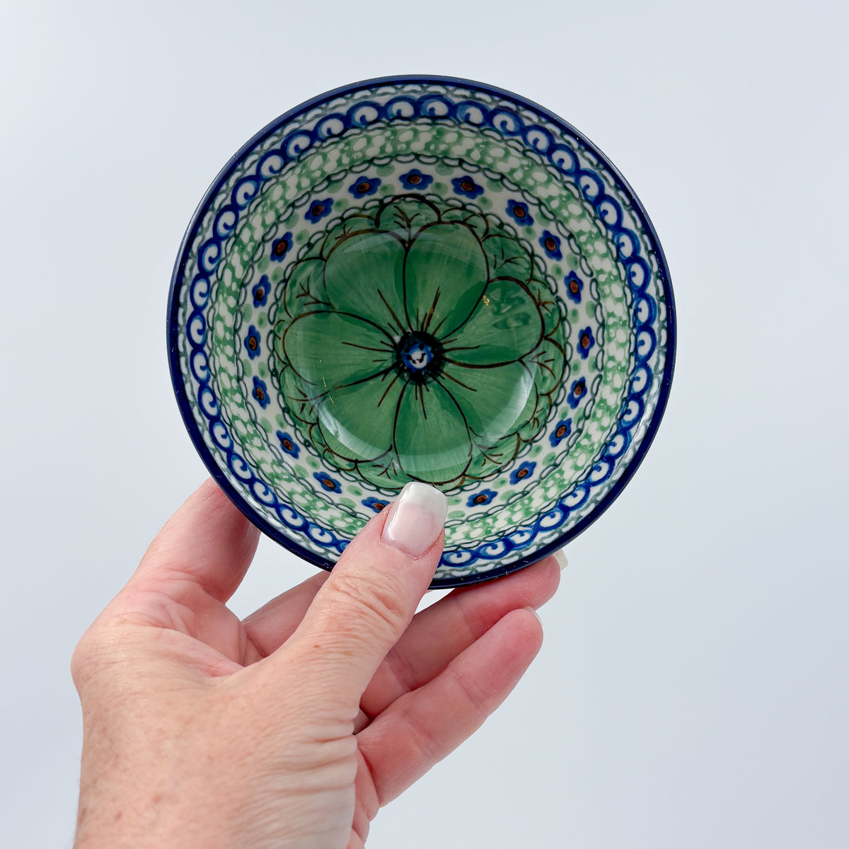 5” Bowl.  Hand crafted Polish pottery stoneware: UNIKAT Green Pansies Design