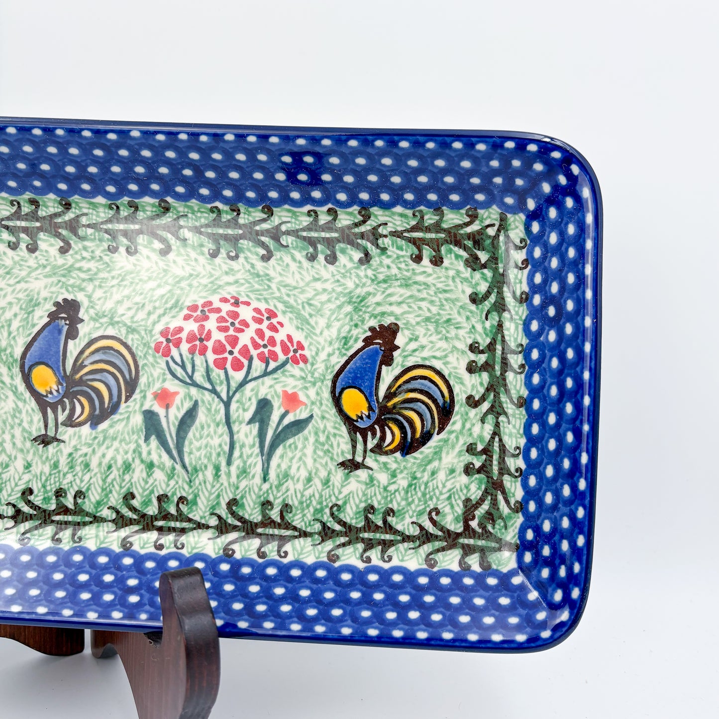 13" Platter  Hand crafted Polish pottery stoneware: UNIKAT Rooster Dance Design.