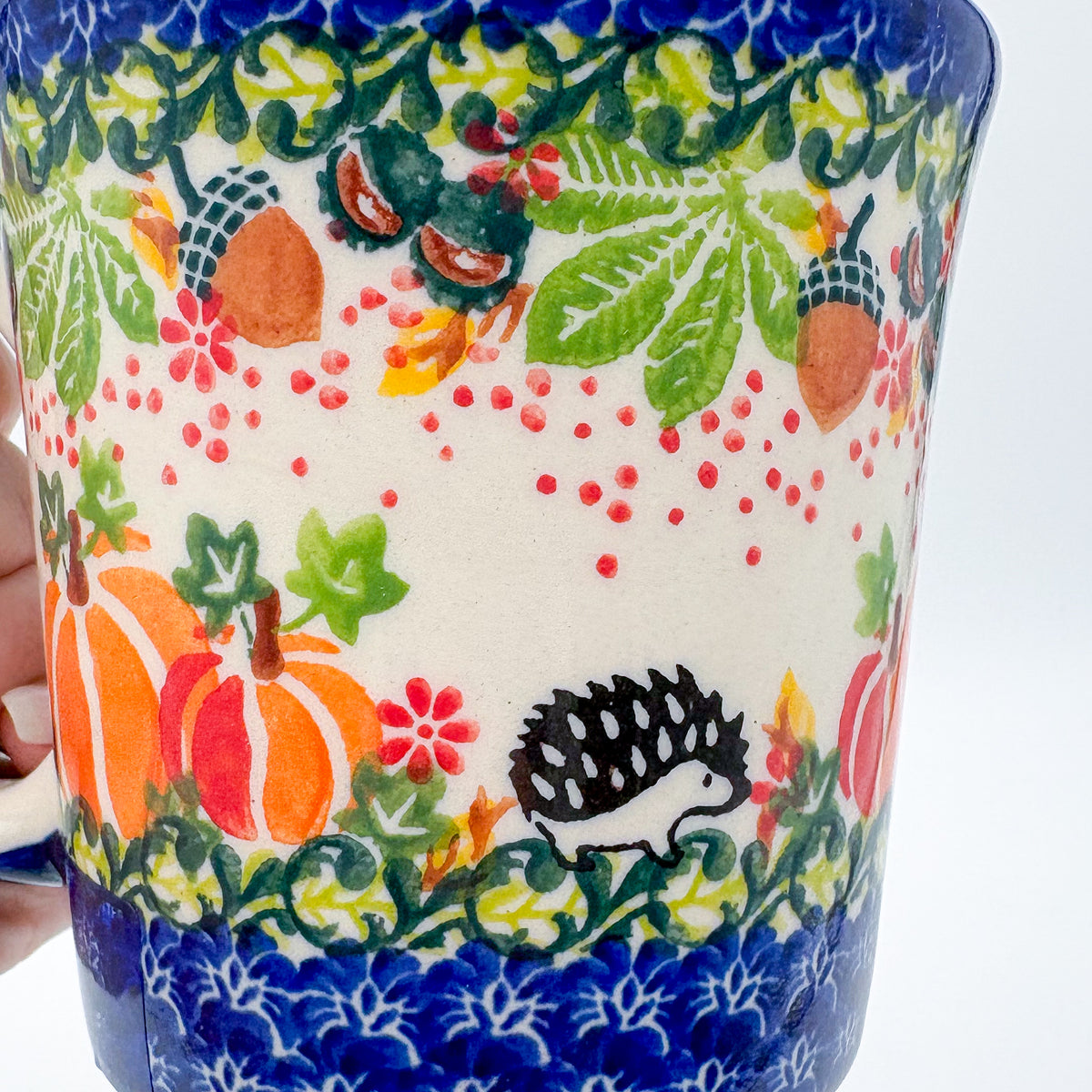 14 oz Jan Mug. Handcrafted Polish pottery stoneware:  UNIKAT Hedgehog and Pumpkins Design