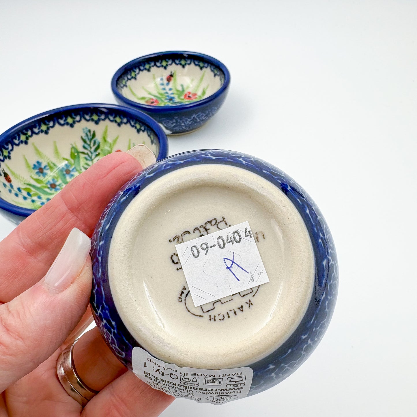 Small Set 3 stacking Bowls.  Hand crafted Polish pottery stoneware:  UNIKAT Ladybug Fields