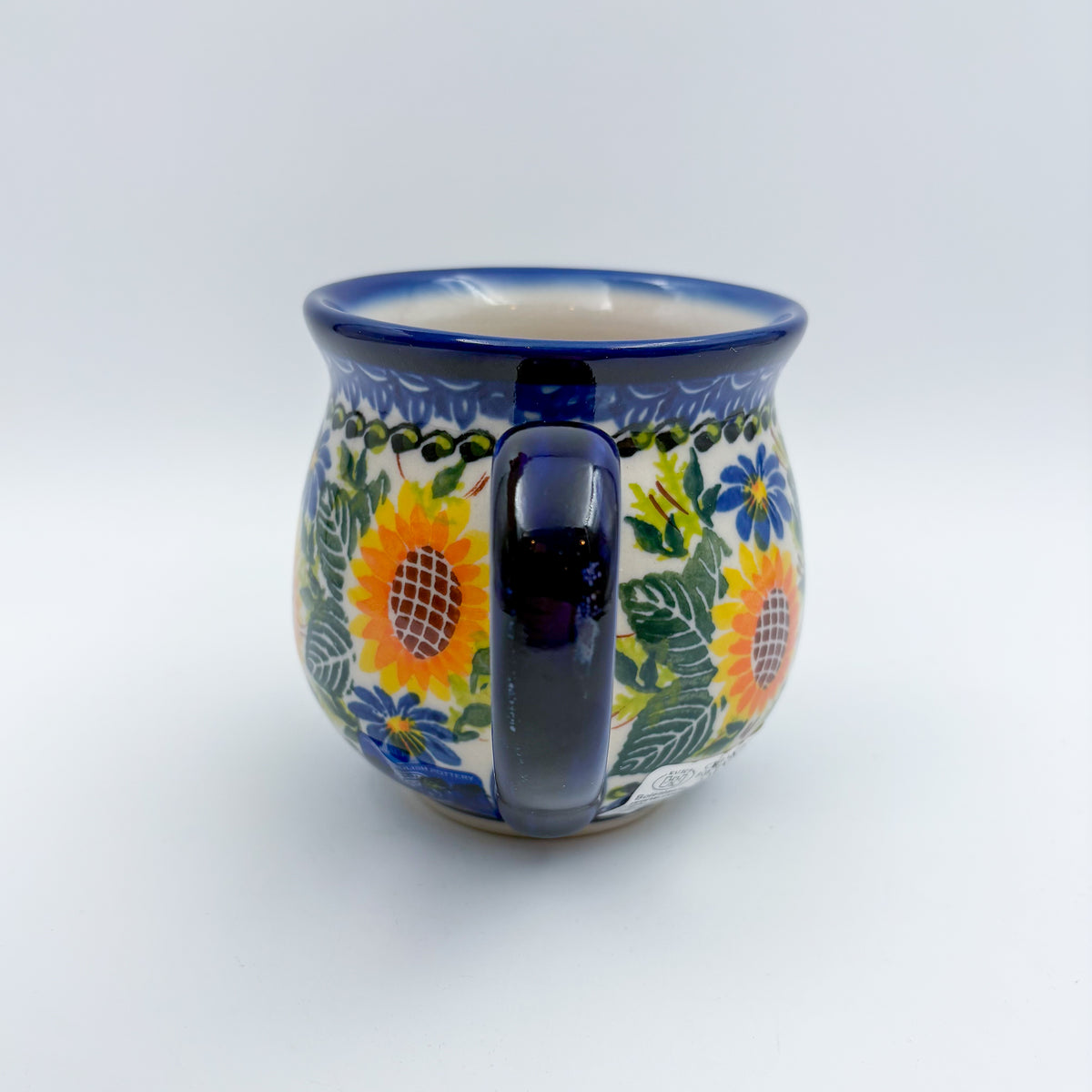 Fall Sunflower bubble mug on white background, straight-on view with handle