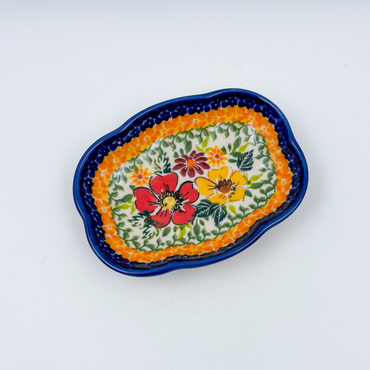 5" Soap Dish.  Handmade Polish pottery.  UNIKAT Tangerine Fields