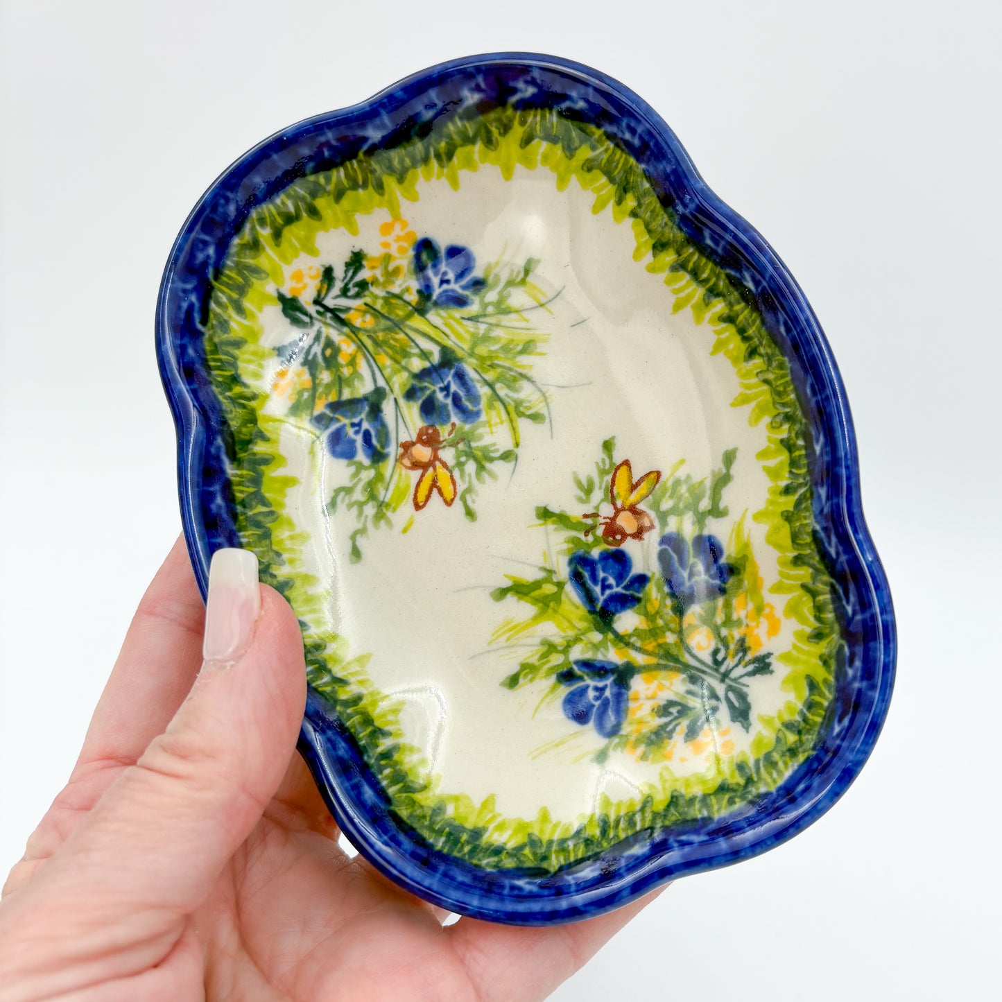 5" Soap Dish.  Handmade Polish pottery.  UIKAT Bluebell Meadow Design