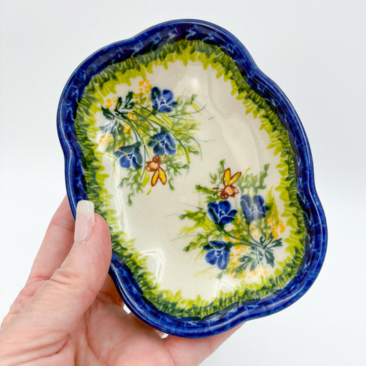 5" Soap Dish.  Handmade Polish pottery.  UIKAT Bluebell Meadow Design