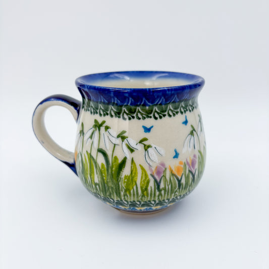 8 oz Bubble Mug. Handcrafted Polish pottery stoneware:  UNIKAT Snowdrop Garden