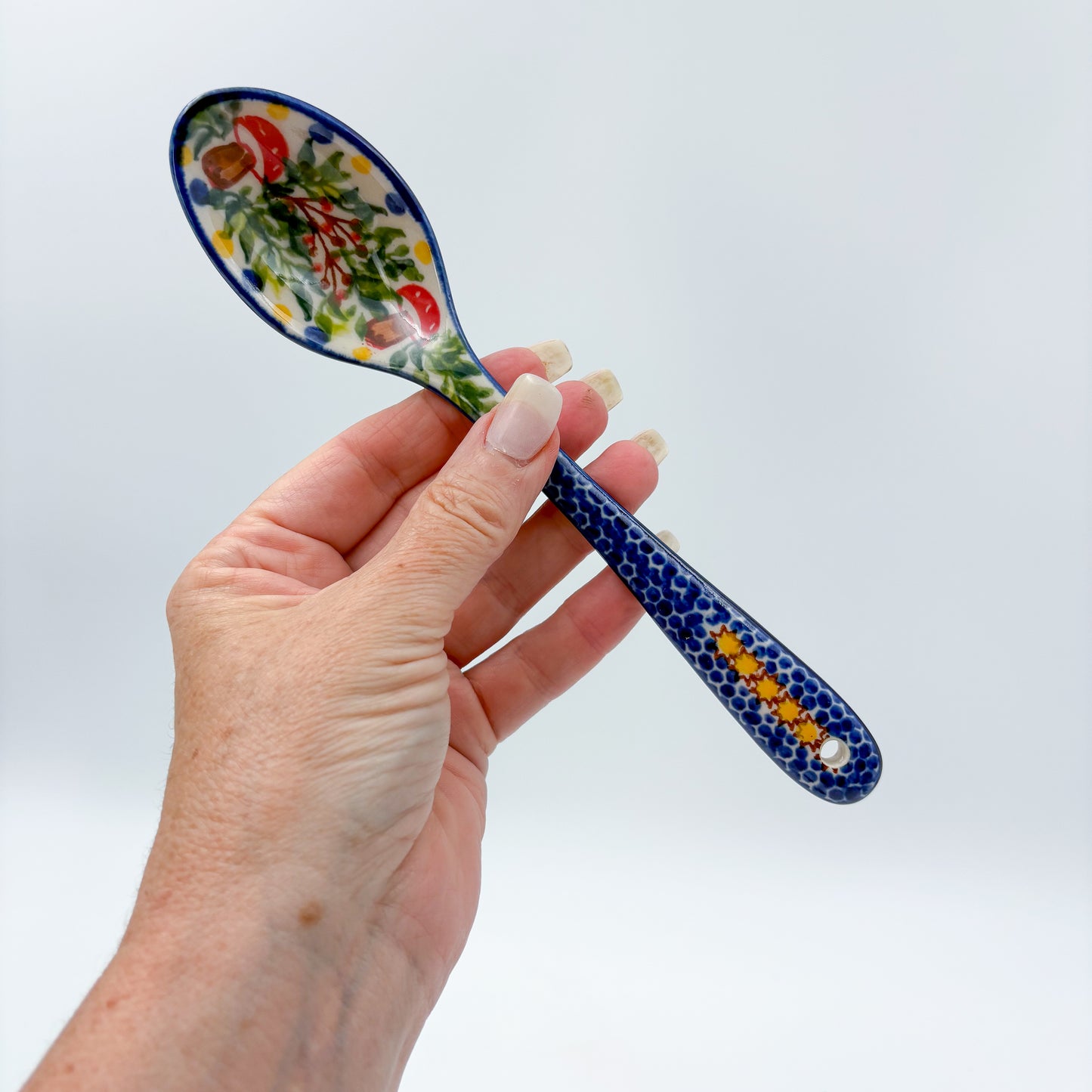 Spoon Lg 8”.  Handmade Polish pottery. UNIKAT Mushroom and Holly