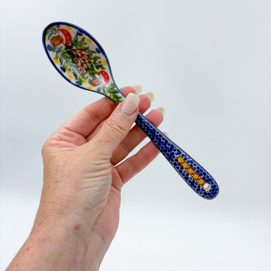 Spoon Lg 8”.  Handmade Polish pottery. UNIKAT Mushroom and Holly