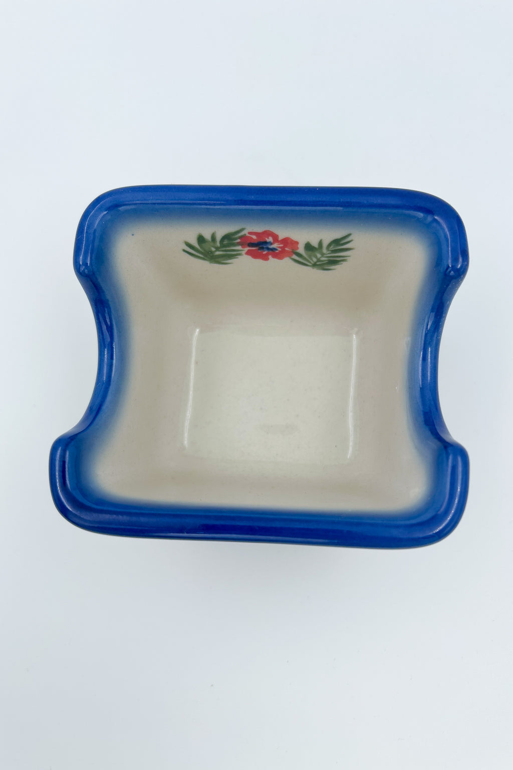 Polish pottery hand made  3” rectangular sugar packet holder in Happiness Pattern.
Ceramika Bona Company