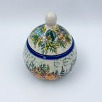 UNIKAT Wild Fern Bouquet round sugar bowl with lid, angled front view of fern and wildflower pattern