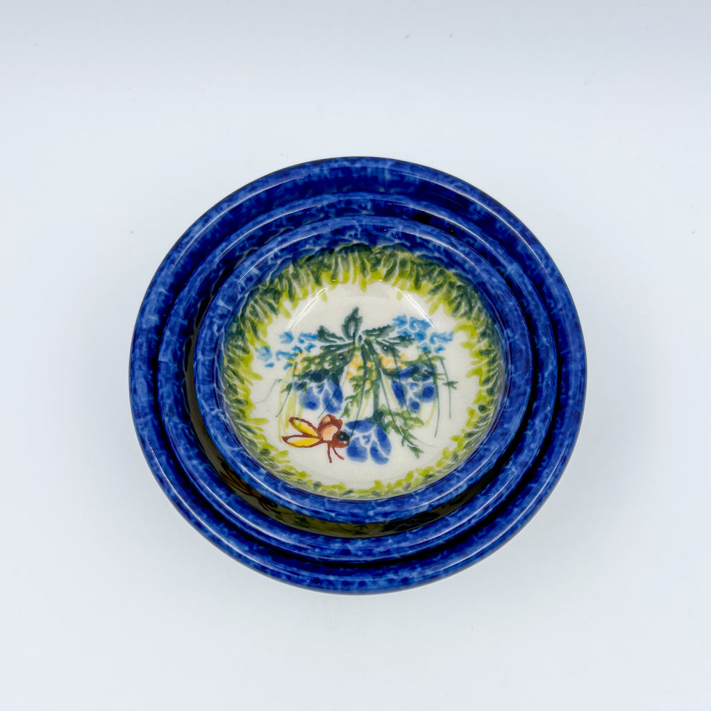 Bluebell Meadow stacking bowl set, top-down view showing nested rings