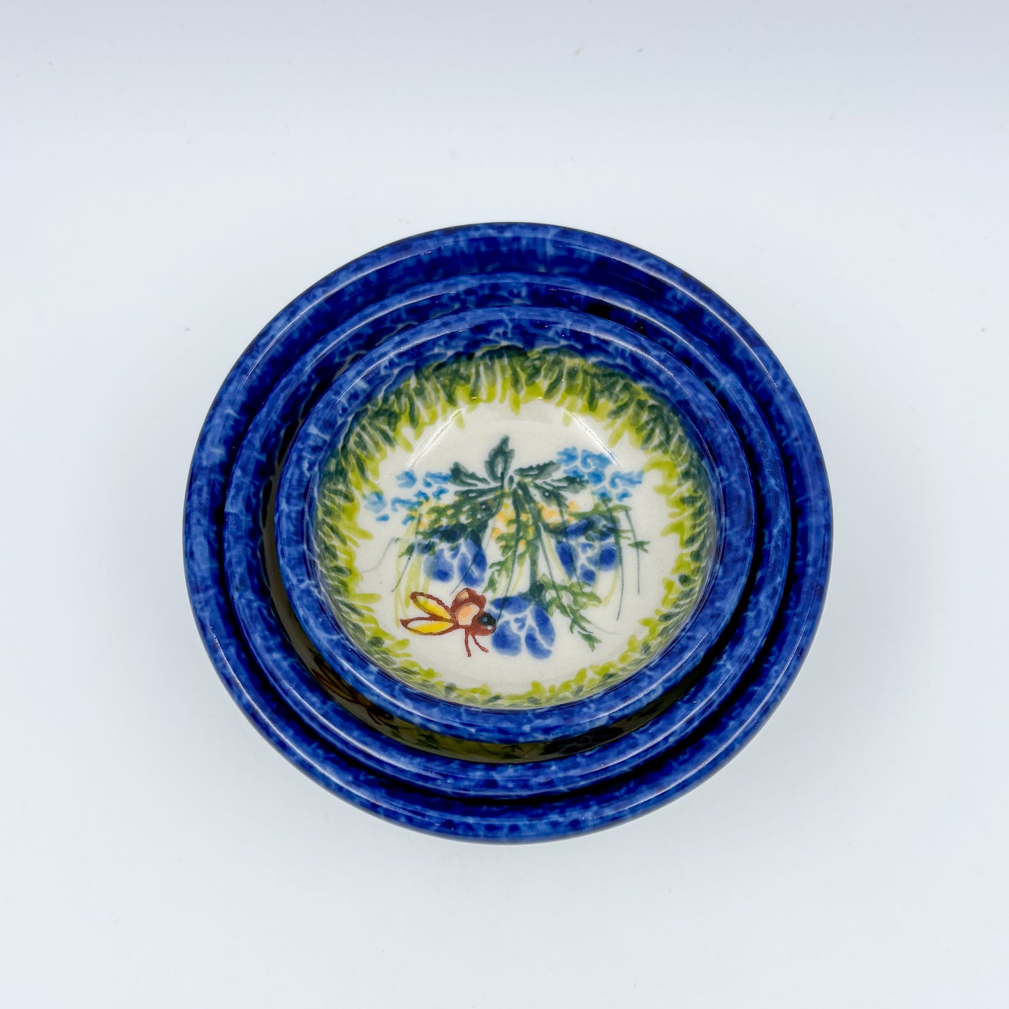 Small Set 3 stacking Bowls.  Hand crafted Polish pottery stoneware:  UNIKAT Bluebell Meadow
