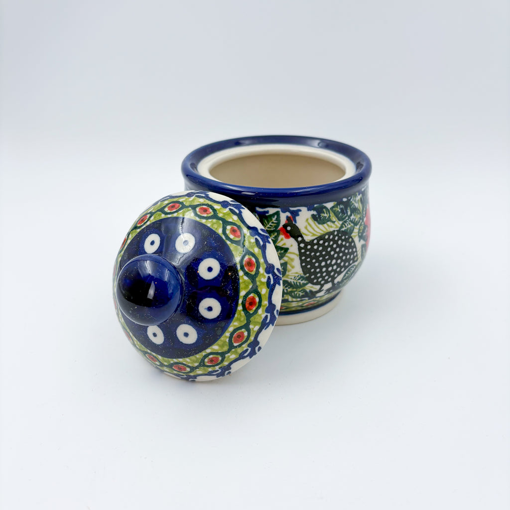 UNIKAT Chickens in the Florals sugar bowl, lid resting beside open bowl showing hen pattern and interior