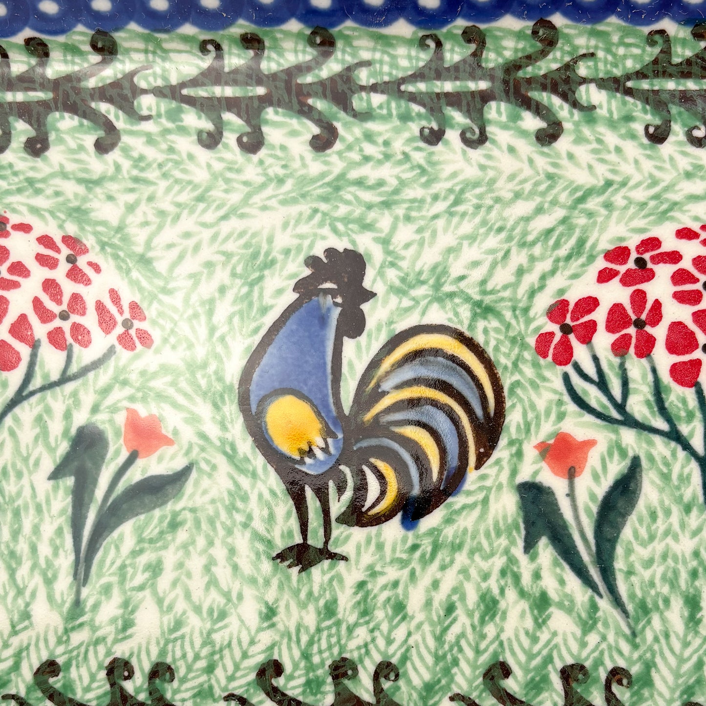 13" Platter  Hand crafted Polish pottery stoneware: UNIKAT Rooster Dance Design.