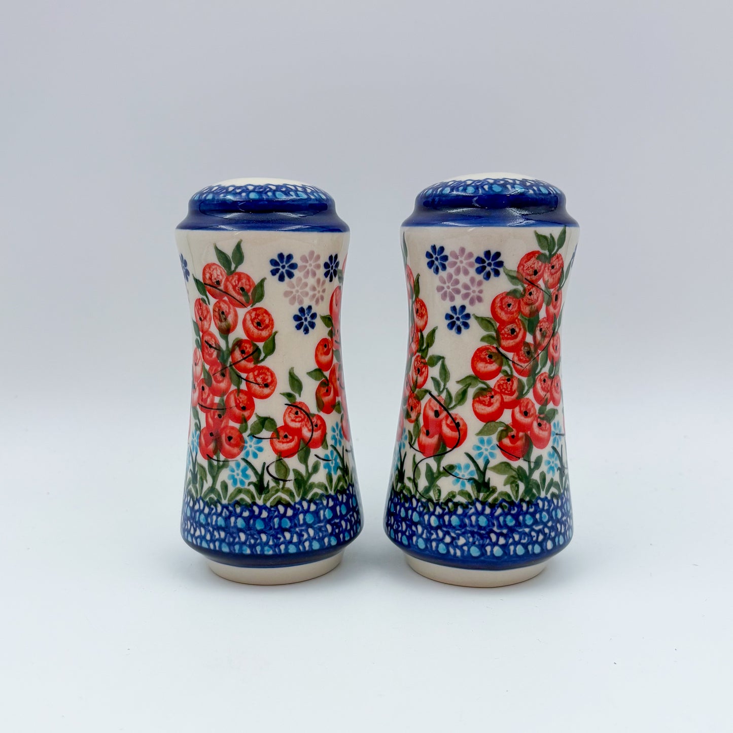 5” Salt and Pepper Shakers.  Handmade Polish pottery.  UNIKAT Red Berry