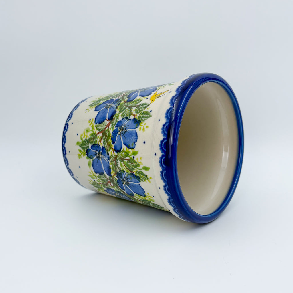 Utensil Jar 5.5”.  Handmade Polish pottery.  UNIKAT Blue Poppy Songbird
