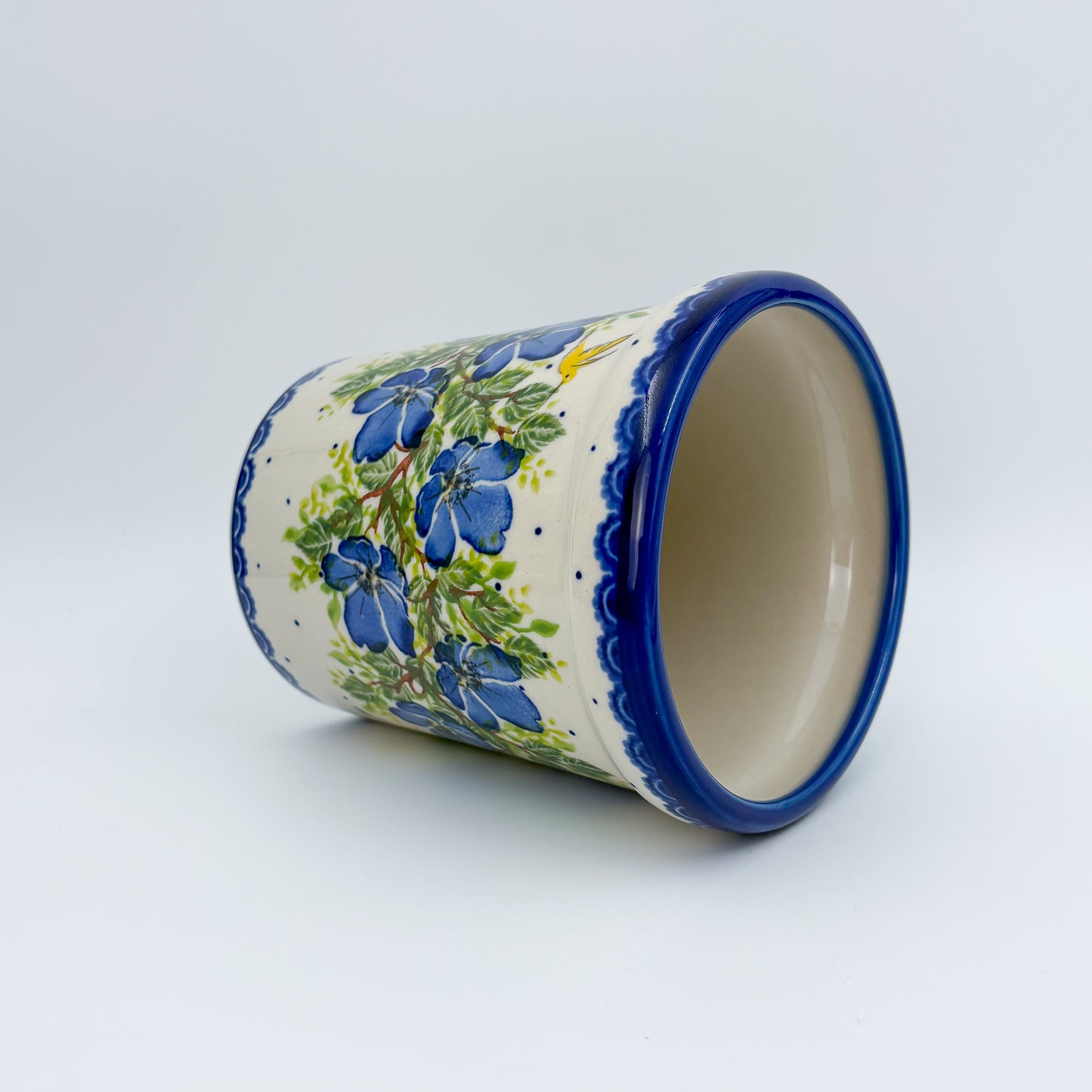 Utensil Jar 5.5”.  Handmade Polish pottery.  UNIKAT Blue Poppy Songbird