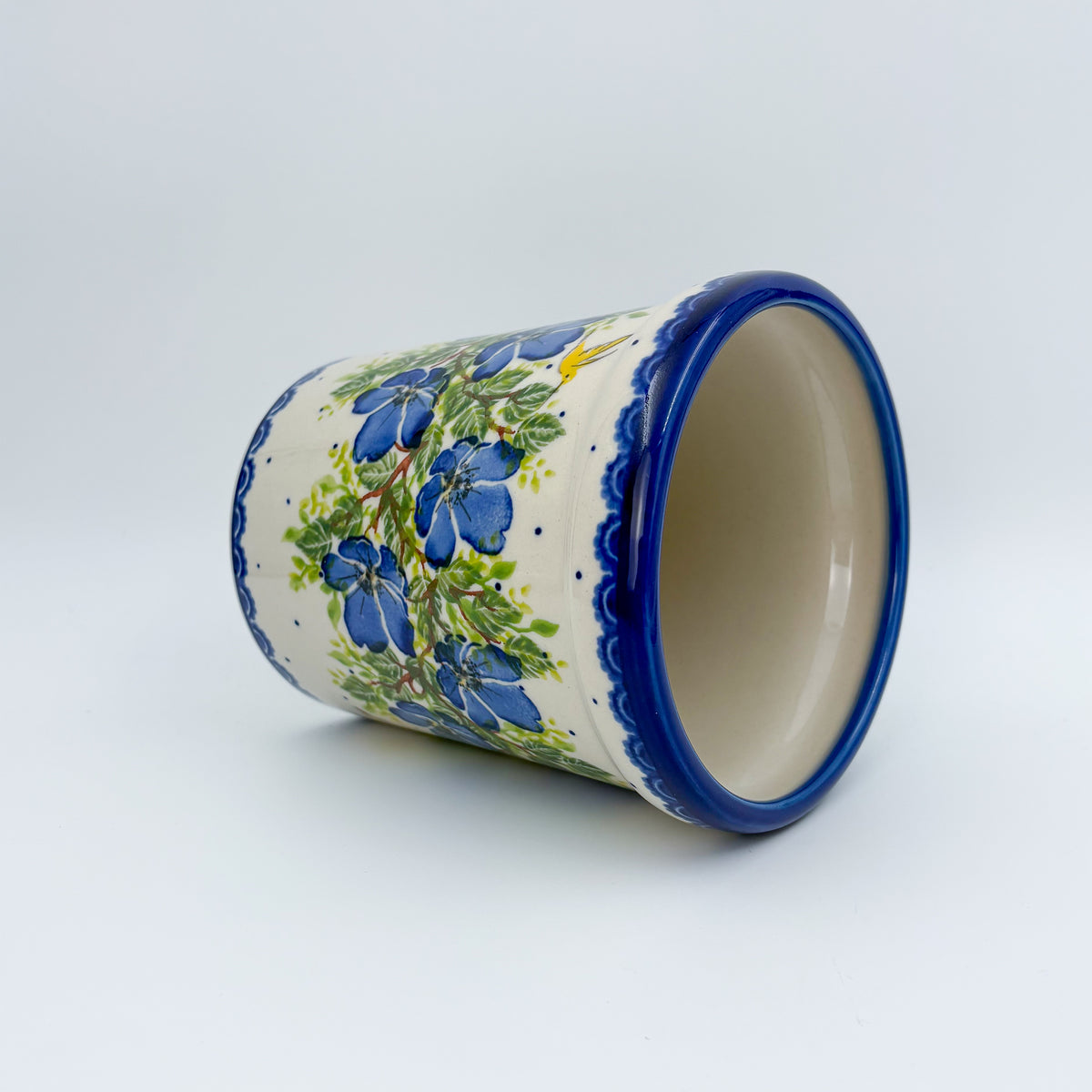 Utensil Jar 5.5”.  Handmade Polish pottery.  UNIKAT Blue Poppy Songbird