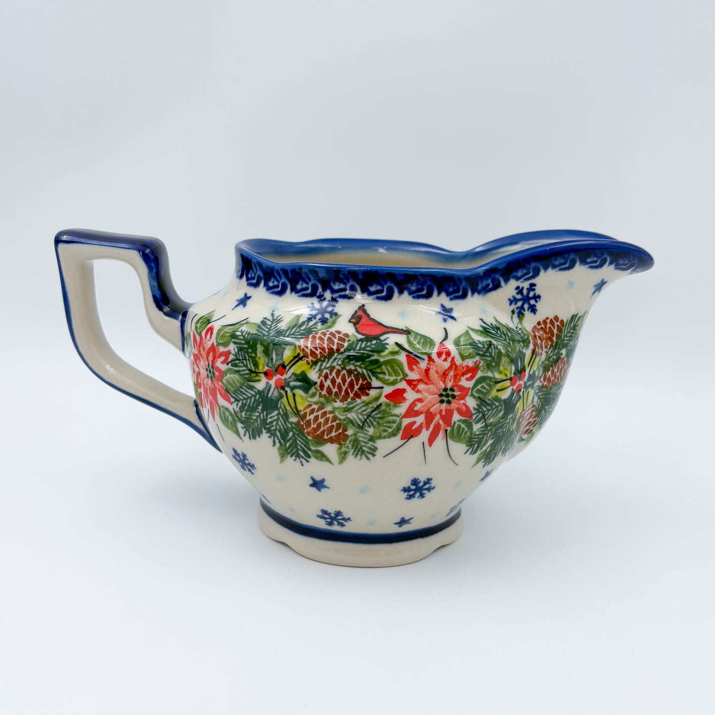 18 oz Loop Handle Gravy Dish.  Hand painted Polish pottery stoneware.  UNIKAT Cardinal Winter