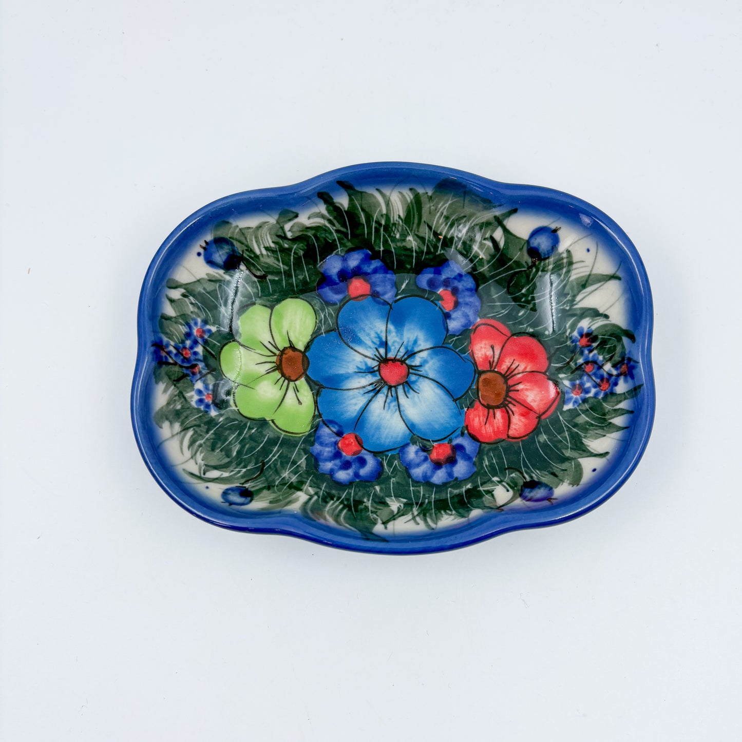 5" Soap Dish.  Handmade Polish pottery.  UIKAT Forget Me Not Design